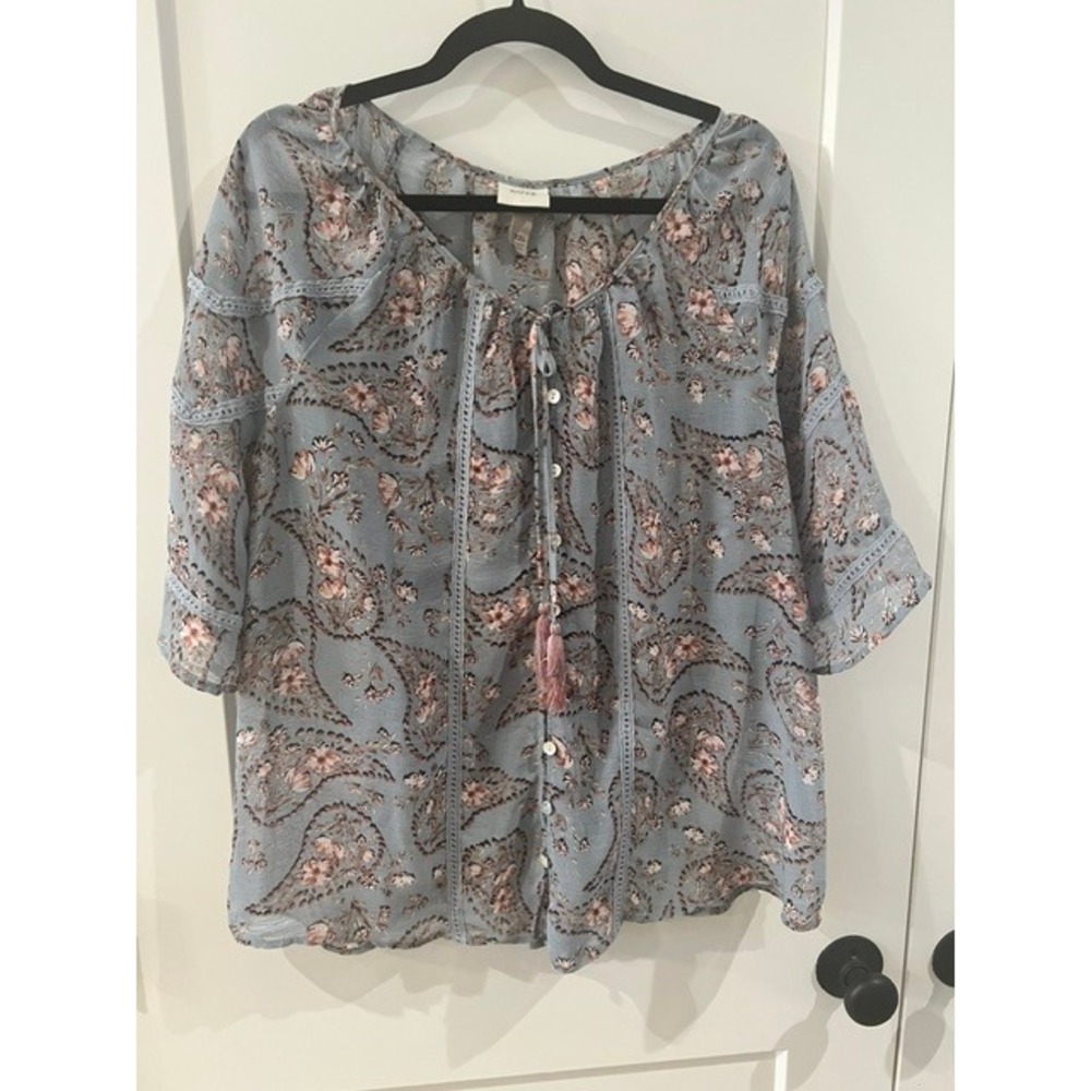 Knox Rose Blue Floral Paisley Boho Blouse Lace Trim Tassel XXL Women Top